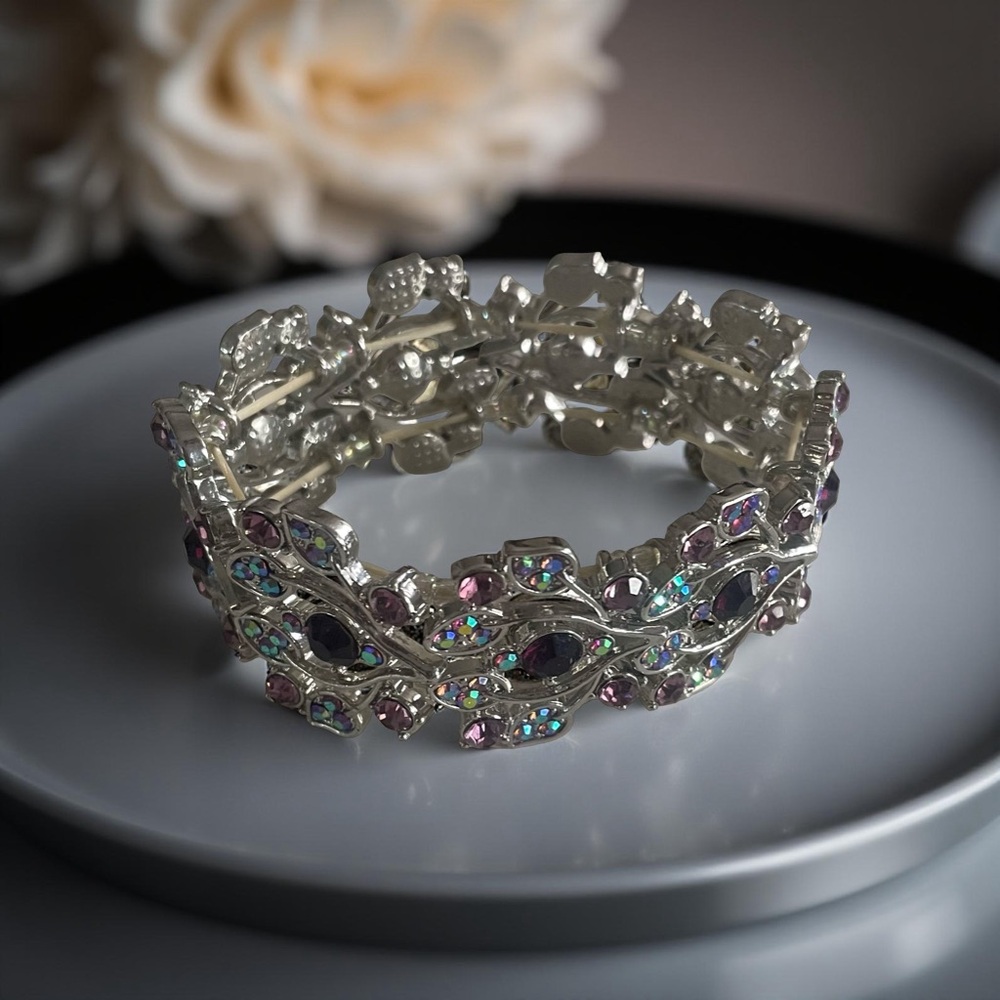 Silver-Tone Stretch Bracelet with Purple & Iridescent Rhinestones